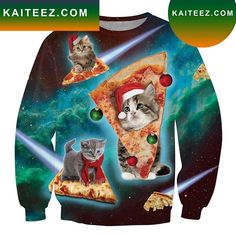 Pizza Cat Dark Green Ugly Christmas Sweater Cat Dark, Ugly Cat, Pizza Shirt, Meowy Christmas, Funny Prints, Cat Sweatshirt, 3d Christmas, Printed Sweater