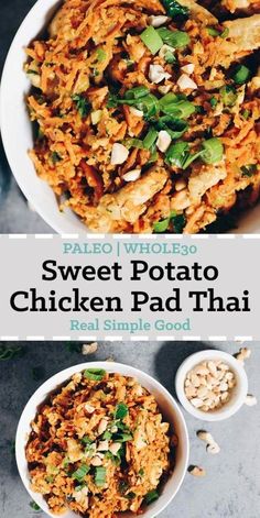 sweet potato chicken pad thai rice in a white bowl