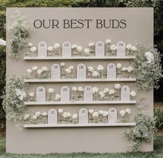 an outdoor display with white flowers and candles on shelves that read our best buds, surrounded by greenery