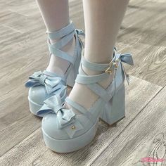 Qteee - Lolita High-heeled Shoes with Bow Knot and Star Buckle Design High Block Heels, Cute Shoes Heels, Kawaii Shoes, Summer Heels, Chunky High Heels, Blue Heels, Aesthetic Shoes, Chunky Platform, Pretty Shoes