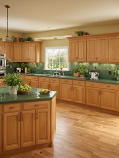 a kitchen filled with lots of wooden cabinets and green counter tops next to a stove top oven