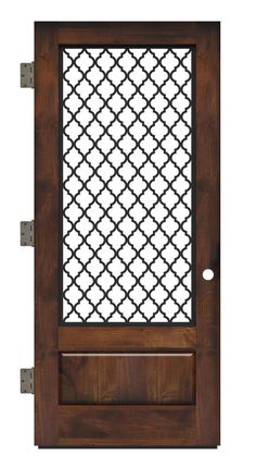 a wooden door with an iron screen on the side