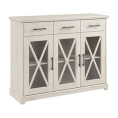 a white cabinet with glass doors and two drawers