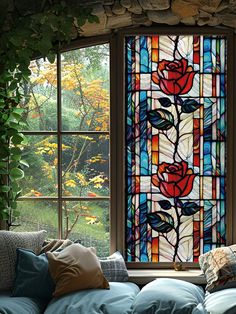 a stained glass window with roses on it in a living room area next to a couch