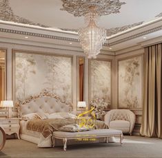 an elegant bedroom with chandelier, bed and chairs