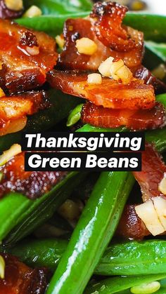 green beans with bacon and pine nuts on top