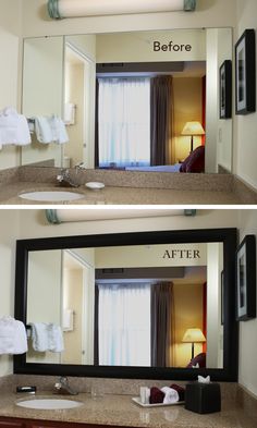 the before and after pictures of a hotel room bathroom makeover on a cell phone