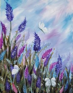 a painting of purple and white flowers with a blue sky in the back ground behind it