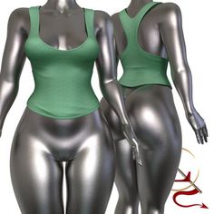 two female mannequins with green tops and silver bodysuits on display