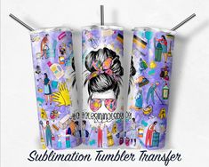 three tumblers with the words sublimation number transferer on them and pictures of people