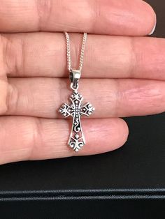 "Sterling Silver Victorian Cross Pendant Necklace. Metal: All components are made from solid .925 Sterling Silver Measurement: pendant height is 28mm (1.1\") including bail and 12.7mm (0.5\") wide Choose Chain Length You can find other cross jewelry in my shop here https://www.etsy.com/shop/LinksAndStones?ref=seller-platform-mcnav&section_id=24376960 Please feel free to Convo me with any questions before purchasing. Please view policy before purchasing Thank You For Visiting My Shop" Cross Pendant Jewelry As A Gift, Cross-shaped Jewelry With Large Pendant As Gift, Cross-shaped Large Pendant Jewelry For Gift, Cross Shaped Large Pendant Jewelry For Gift, Sterling Silver Necklace With Cross Pendant Stamped 925, Sterling Silver Cross Pendant Gift, Sterling Silver Cross Pendant Jewelry Gift, Symbolic Sterling Silver Flower Pendant Jewelry, 925 Stamped Cross Pendant Necklace