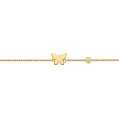 A polished butterfly on a delicate chain accented by a single clear cz diamond. Gold plated sterling silver Adjustable to three lengths; 6", 6.5" and 7" Yellow Gold Butterfly Shaped Jewelry With Cubic Zirconia, Yellow Gold Cubic Zirconia Butterfly Jewelry, Delicate Jewelry With Cubic Zirconia Butterfly Charm, Elegant Hypoallergenic Butterfly Jewelry, Elegant Everyday Jewelry With Butterfly Charm, Diamond Jewelry With Butterfly Charm For Formal Occasions, Formal Diamond Jewelry With Butterfly Charm, Hypoallergenic White Gold Butterfly Jewelry, Dainty Adjustable Jewelry With Butterfly Clasp