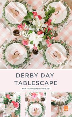 a table setting with pink and white flowers on it, including plates and napkins