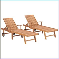 two wooden lounge chairs sitting next to each other