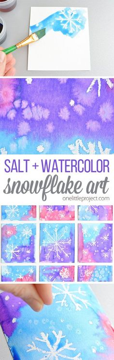 someone is painting watercolor snowflake art on a piece of paper with the words salt and watercolor snowflake art