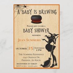 a baby is brewing baby shower with a witch on it's head and broom