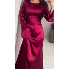 Features: Enhance your formal wardrobe with our Elegant Satin High Waist Maxi Dress. Made with a lace-up design, bell sleeves and a flattering mermaid silhouette, this dress will make you feel confident and sophisticated at any banquet or special event. Its slim, high waist design will also accentuate your curves for a stunning look. Elegant Red Long Sleeve Dress For Party, Elegant Red Long Sleeve Party Dress, Elegant Bell Sleeve Wedding Dress, Elegant Bell Sleeve Maxi Dress For Formal Occasions, Elegant Formal Maxi Dress With Bell Sleeves, Elegant Bell Sleeve Maxi Dress For Wedding, Elegant Bell Sleeve Formal Dress, Elegant Bell Sleeve Evening Dress, Fitted Long Sleeve Dress With Bell Sleeves For Party