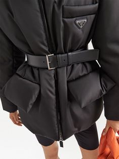 Prada Re-Nylon Belted Hooded Jacket - Farfetch Prada Jacket Outfit, Prada Jacket, Luxury Outerwear, Wardrobe Edit, Triangle Logo, Jacket Women, Ski Wear, Metallic Logo, Puffer Coat