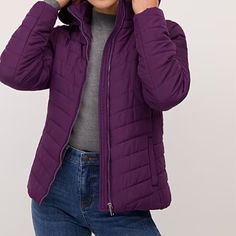 Quilted Hooded Jacket (New) Color: Purple Treasure Size: Large Casual Quilted Jacket With Double-lined Hood, Hooded Purple Puffer Jacket For Winter, Purple Hooded Puffer Jacket For Winter, Hooded Purple Outerwear For Fall, Purple Hooded Outerwear For Fall, Purple Winter Outerwear With Drawstring Hood, Winter Purple Outerwear With Drawstring Hood, Purple Fall Outerwear With Drawstring Hood, Purple Outerwear With Drawstring Hood For Fall