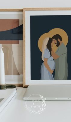 a painting of a man and woman embracing each other in front of a laptop computer