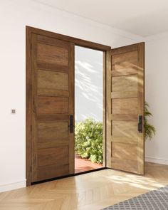 an open wooden door in a white room with wood flooring and potted plant