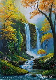 an oil painting of a waterfall in the forest with trees and flowers on it's sides