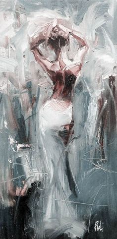 an abstract painting of a woman in white dress