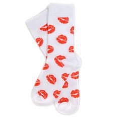 Get ready to pucker up with these playful socks! Featuring a fun red lips print on a crisp white background, these socks are sure to make you and your loved ones smile. Pair them with one of our love themed socks to create your own bundle of love. Whether you're at home or out on the town, these socks will add a touch of whimsy to your look. So go ahead and spread the love, one step at a time! 70% cotton, 25% polyester, 5% spandex Fits US Sock Size Women's 9-11, Shoe Size 4-10 Machine wash, tumb Trendy Red Socks As Gift, Trendy Red Socks As A Gift, Trendy Red Socks For Gift, Trendy Red Socks For Gifts, Fun Red Socks For Gifts, Playful Red Cotton Socks, Novelty White Socks For Stocking Stuffers, Fun White Socks As Gift, Fun White Socks As A Gift