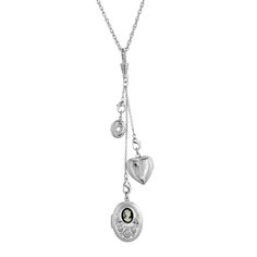 A trio of vintage-inspired charms is held by a lobster clasp on a silver-toned chain allowing you to create a custom look. The charms include a large oval-shaped locket accented with a costume pearl, a heart-shaped locket, and a small oval-shaped locket accented with clear crystal. Dainty and stylish and perfect for everyday wear. A trio of vintage-inspired charms is held by a lobster clasp on a silver-toned chain allowing you to create a custom look. The charms include a large oval-shaped locke Heart Locket Necklace Silver, Silver Locket Necklace, 1928 Jewelry, Heart Locket Necklace, Vintage Inspired Jewelry, Cameo Jewelry, Fish Bowl, Necklace Online, Heart Locket