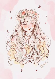 a drawing of a girl with long hair and flowers in her hair, wearing a flower crown