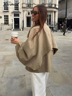 TAVIMART - Women Khaki Cloak Lantern Sleeve Coat Turn Down Collar Short Coat Vintage Lapel Button Accessories Chic Cape Coat Fashion Button Accessories, Coat Vintage, Cape Coat, Short Coat, Lantern Sleeve, Lantern Sleeves, Coat Fashion, Cloak, Lanterns