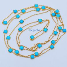 Thank you for coming in! Spectacularly beautiful 18k solid gold station necklace with 28 beautiful sleeping beauty turquoise cushion bezels. The color is 100% natural, so vibrant and rich blue that you only find in old material! 36 inch necklace! A piece of unique jewelry that full of personality! Stamped "750"! The necklace length is adjustable from 34/35/36 inches! You'll get the necklace you see! WEIGHT: 6 Grams DIMENSION of Turquoise bezels: Appr. 5mm MATERIAL: 18K Solid Yellow Gold, Turquoi Luxury Turquoise Gemstone Necklace, Luxury Yellow Gold Turquoise Necklace, Turquoise Cushions, Sleeping Beauty Turquoise, Station Necklace, Fine Jewellery Necklace, Solid Yellow, Necklace Length, Turquoise Jewelry