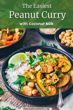 the best peanut curry with coconut milk in a black bowl on top of white rice