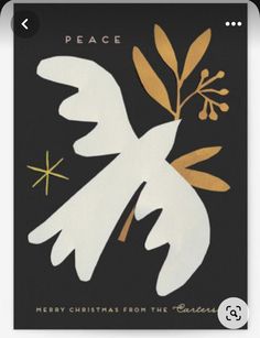 a black and gold holiday card with a white bird on it's back, saying peace happy holidays from the stars