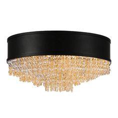 a black and gold chandelier with lots of crystal beads hanging from the ceiling