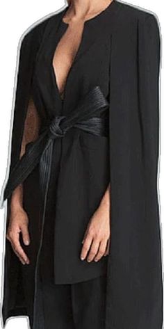 Black Cape-style Outerwear For Work, Black Long Cape For Fall, Black Cape Styled As Long Coat For Fall, Black Cape For Fall, Fitted Black Cape For Work, Black Fitted Long Sleeve Cape, Black Cape Outerwear For Work, Black Cape-style Workwear Outerwear, Black Cape For Work