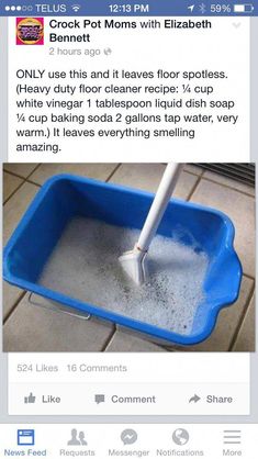 a blue bucket filled with water and a white mop on top of the floor