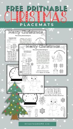 a christmas tree and snowflakes with the text free printable christmas placemats