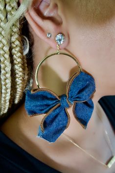 Take denim earrings to another level with our Denim Bow Earrings. So chic. So fabulous! Grab yours today! Blue Denim Earrings As A Gift, Blue Denim Jewelry As Gift, Jean Jewelry, Maker Ideas, Denim Earrings, Denim Bows, Denim Jewelry, Bow Earrings, Blue Jean