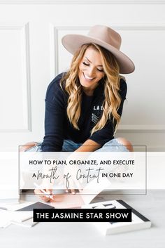 a woman in a hat sitting on the floor reading a book with text overlaying how to plan, organize and execute an entire month of content in one day