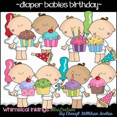 babys birthday clipart with cupcakes and balloons