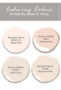 four different shades of pink paint with the words calming colors to help you relax at home