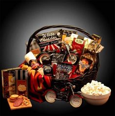 a large basket filled with food and snacks