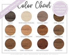 the color chart for woodgrain, including different shades and colors to choose from