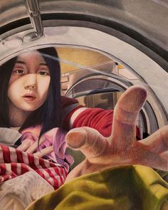 a painting of a woman in a washing machine holding her hand up to the camera