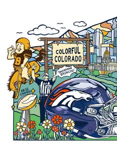 a drawing of a helmet with the words colorful colorado on it in front of a cityscape