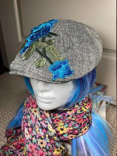 Embellished Newsboy Cap Grey With Teal Floral Embroidery. | Etsy Embellished Hats, Decorated Hats, Embroidery Boho, Tweed Pattern, Grey Tweed, Newsboy Cap, Beautiful Hats, Raleigh Nc, Floral Applique