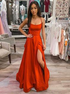 Long A-line Scoop Neck Spaghetti Straps Satin Backless Formal Prom Dresses with Slit-BIZTUNNEL Red Spaghetti Strap Maxi Dress For Prom, Elegant Red Maxi Dress With Split, Red Split Dress For Prom, Red Split Dress For Formal Occasions, Red Elegant Maxi Dress With Split, Formal Red Dress With Split, Red Split Prom Dress, Dress Elegant Classy, Long Prom Dresses Cheap