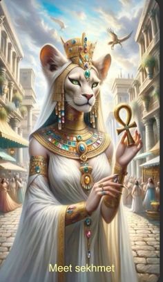 the egyptian cat is holding an object in her hand and wearing gold jewelry, while she stands