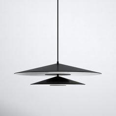 two black lamps hanging from the ceiling